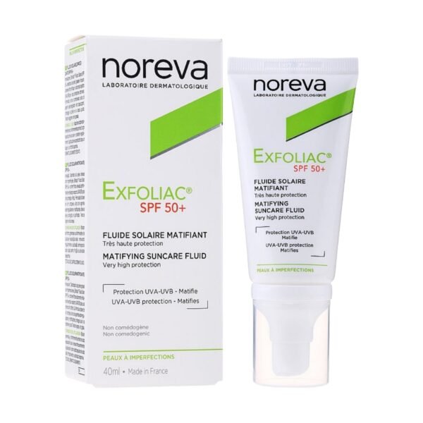 نوريفا اكسفولياك فلويد واقي شمس للبشرة الدهنية والمختلطة والمعرضة لحب الشباب SPF 50+ بحجم 40 مل /  Noreva Exfoliac Matifying Suncare Fluid SPF 50